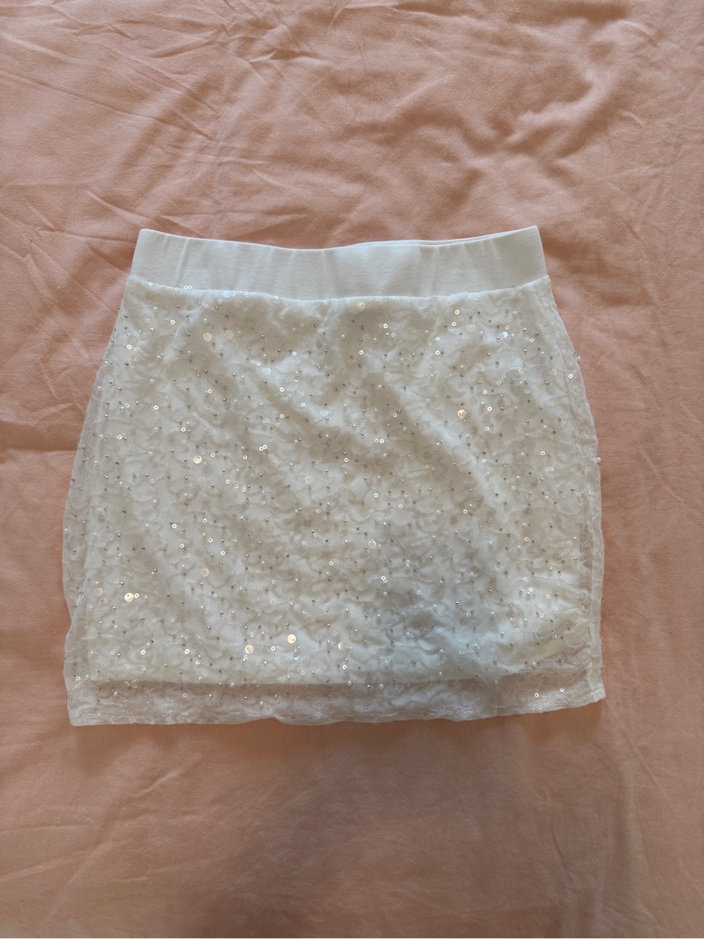 New FashionNova White Sequin Mini Skirt with Elastic Waist, S